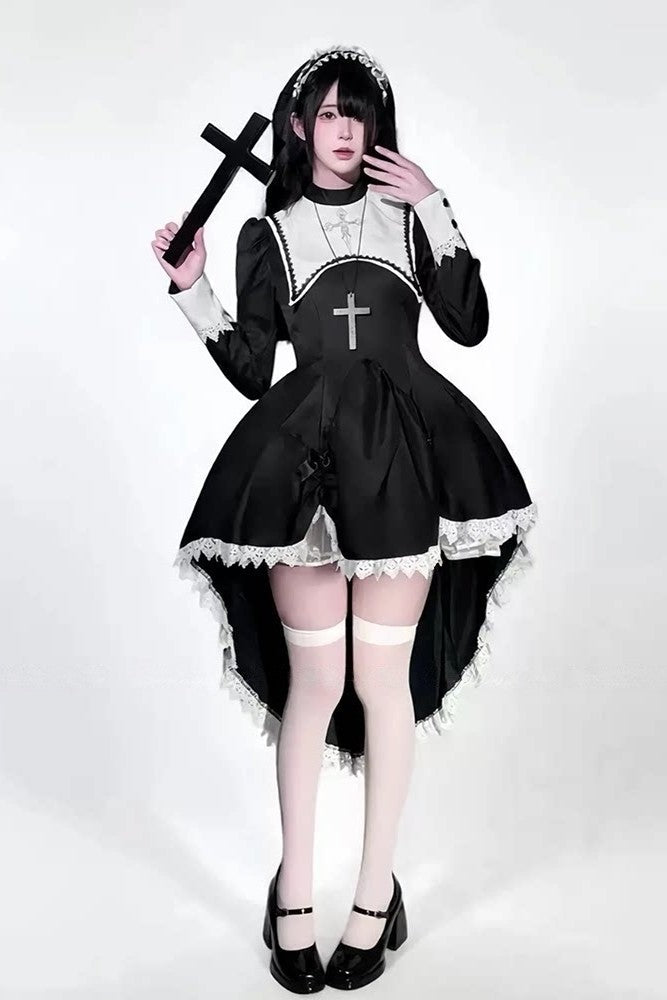 Dreambound Nun Halloween Dark Gothic Lolita Maid Dress - LolitaEraBlack Set (Dress + Headscarf & Headband) + Petticoat + White Thigh - high SocksSBlackDreambound Nun Halloween Dark Gothic Lolita Maid Dress