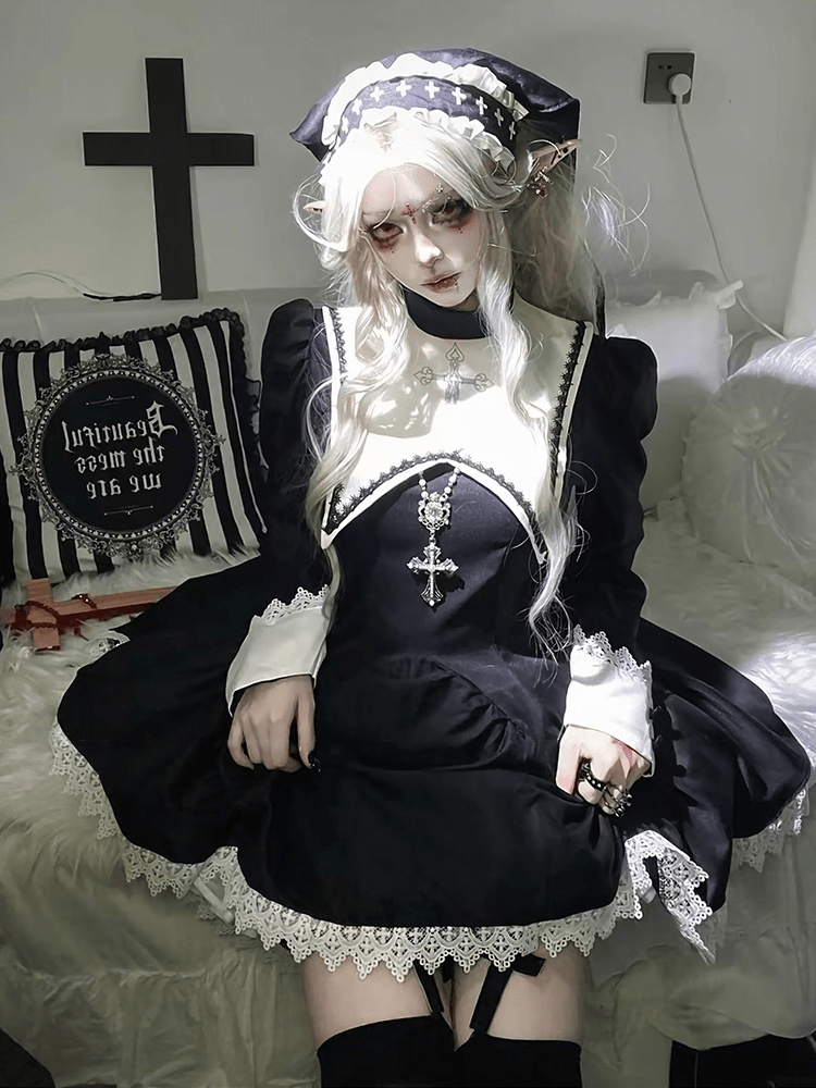 Dreambound Nun Halloween Dark Gothic Lolita Maid Dress - LolitaEraBlack Set (Dress + Headscarf & Headband) + Petticoat + White Thigh - high SocksSBlackDreambound Nun Halloween Dark Gothic Lolita Maid Dress
