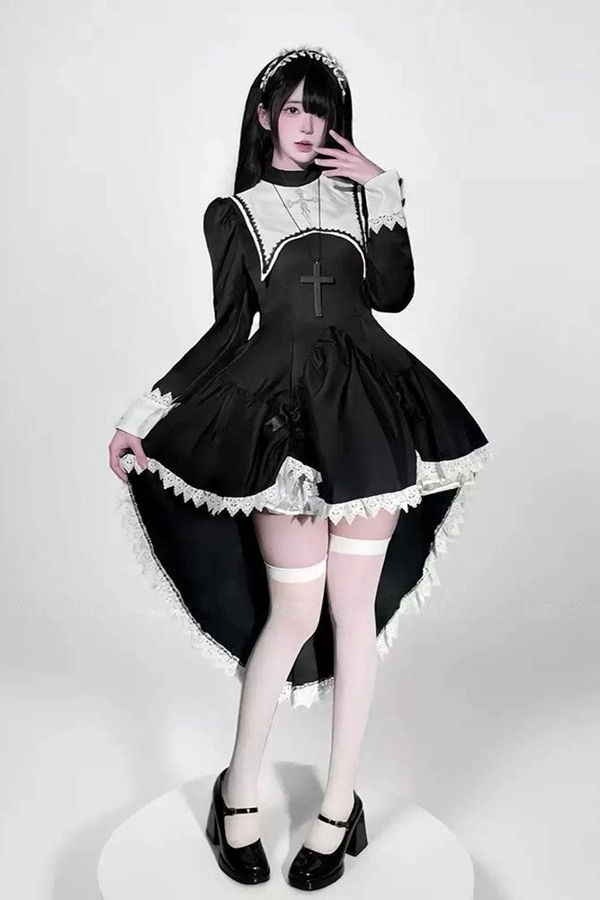 Dreambound Nun Halloween Dark Gothic Lolita Maid Dress - LolitaEraBlack Set (Dress + Headscarf & Headband) + Petticoat + White Thigh - high SocksSBlackDreambound Nun Halloween Dark Gothic Lolita Maid Dress