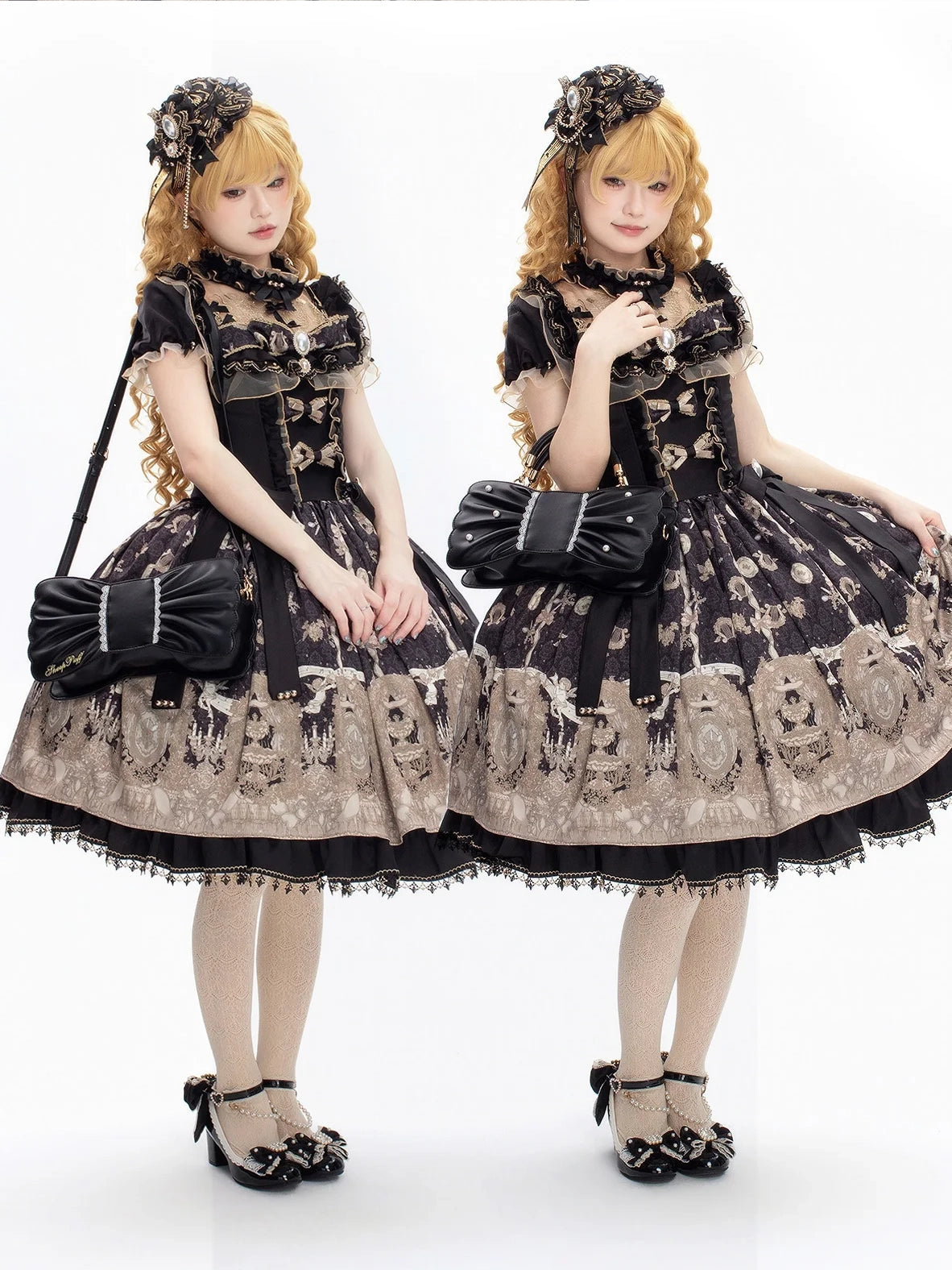 Pearl Bow Lace Trim Lolita Handbag