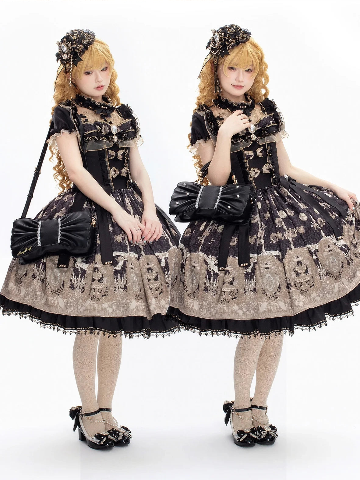 Pearl Bow Lace Trim Lolita Handbag