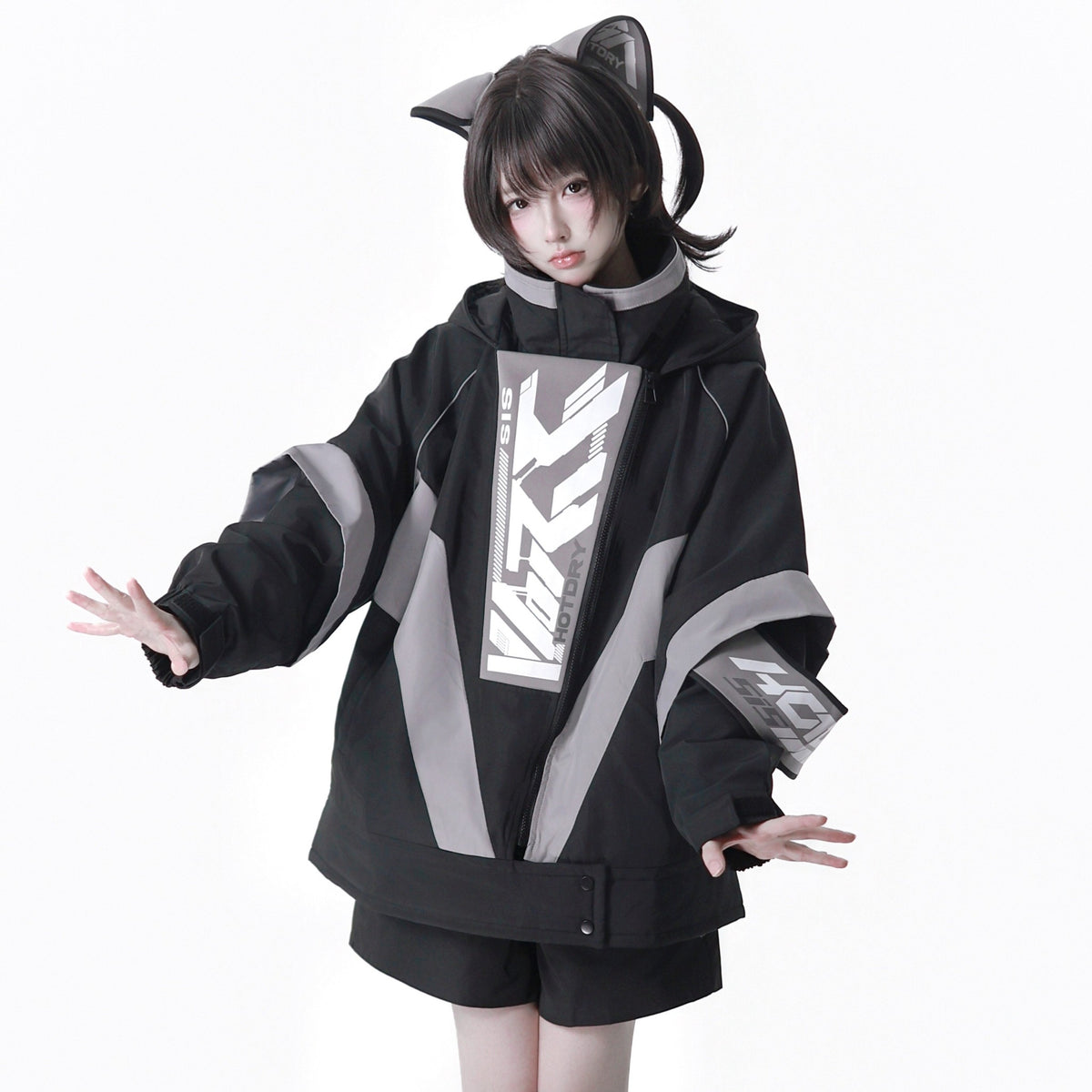 Dystopian Techwear Two-Piece Fleece-Lined Jacket and Shorts Set - LolitaEra