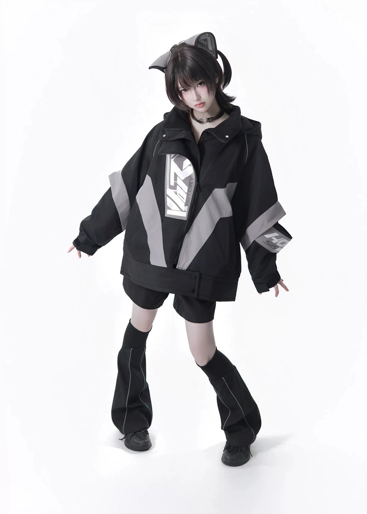 Dystopian Techwear Two-Piece Fleece-Lined Jacket and Shorts Set - LolitaEra