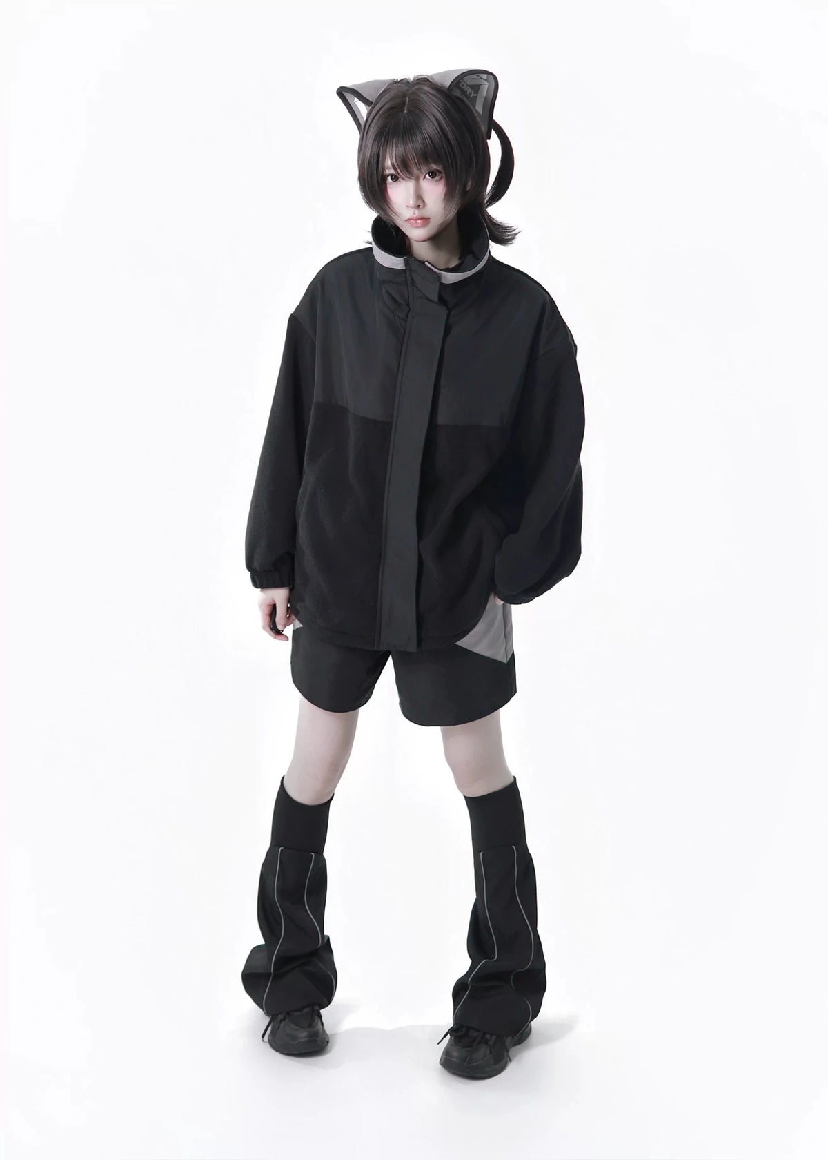 Dystopian Techwear Two-Piece Fleece-Lined Jacket and Shorts Set - LolitaEra