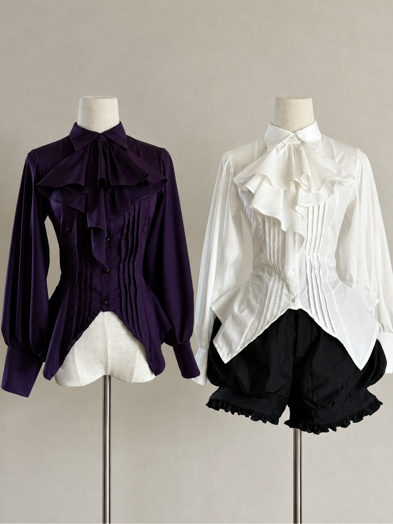 Kaguya Gothic Lolita Lantern Sleeve Pintuck Blouse White Purple