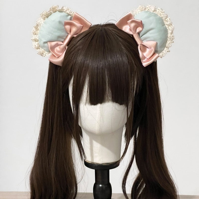 Lolita Kawaii Bear Pink & Green Hair Clip KC Bonnet LA1004