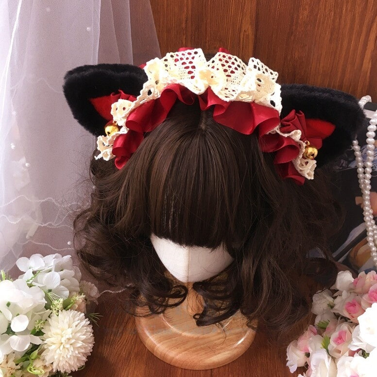 Plush Cat Ear Lace Lolita KC Headband with Bell Classic Vintage Style