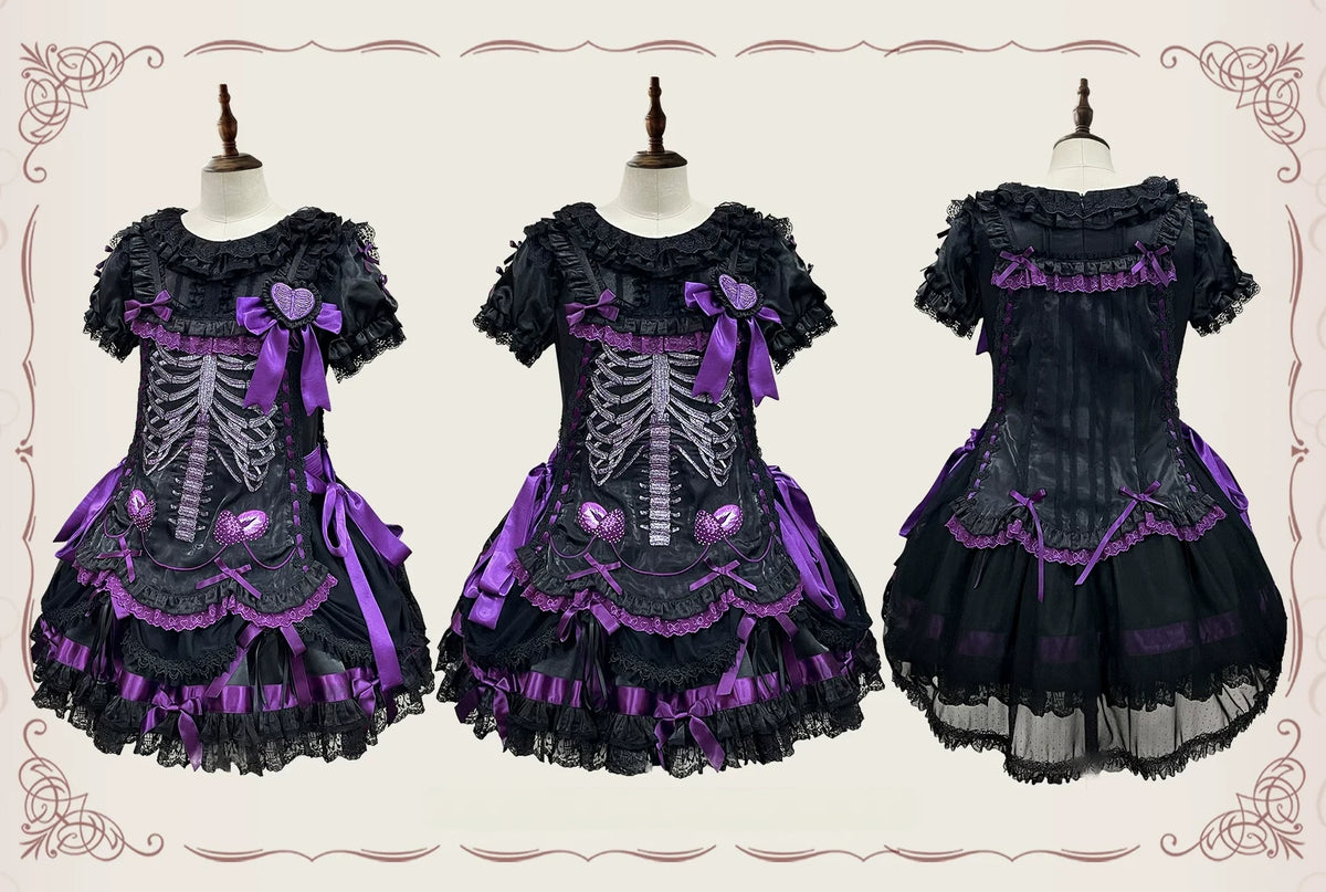Strawberry Heart Bone Black and Purple Gothic Lolita OP Dress
