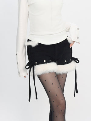 Early Winter Snow Trail Corduroy Spliced Shorts - LolitaEraBlackSEarly Winter Snow Trail Corduroy Spliced Shorts