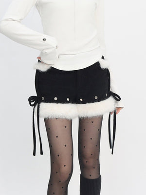 Early Winter Snow Trail Corduroy Spliced Shorts - LolitaEraBlackSEarly Winter Snow Trail Corduroy Spliced Shorts