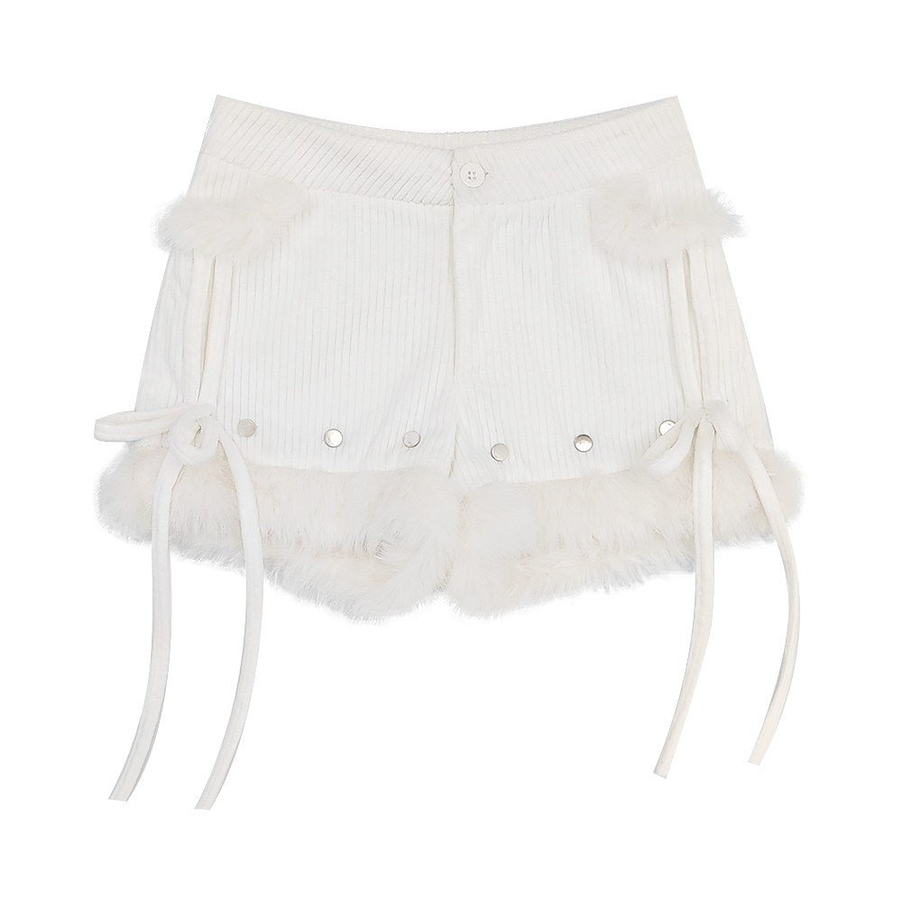 Early Winter Snow Trail Corduroy Spliced Shorts - LolitaEraWhiteSEarly Winter Snow Trail Corduroy Spliced Shorts