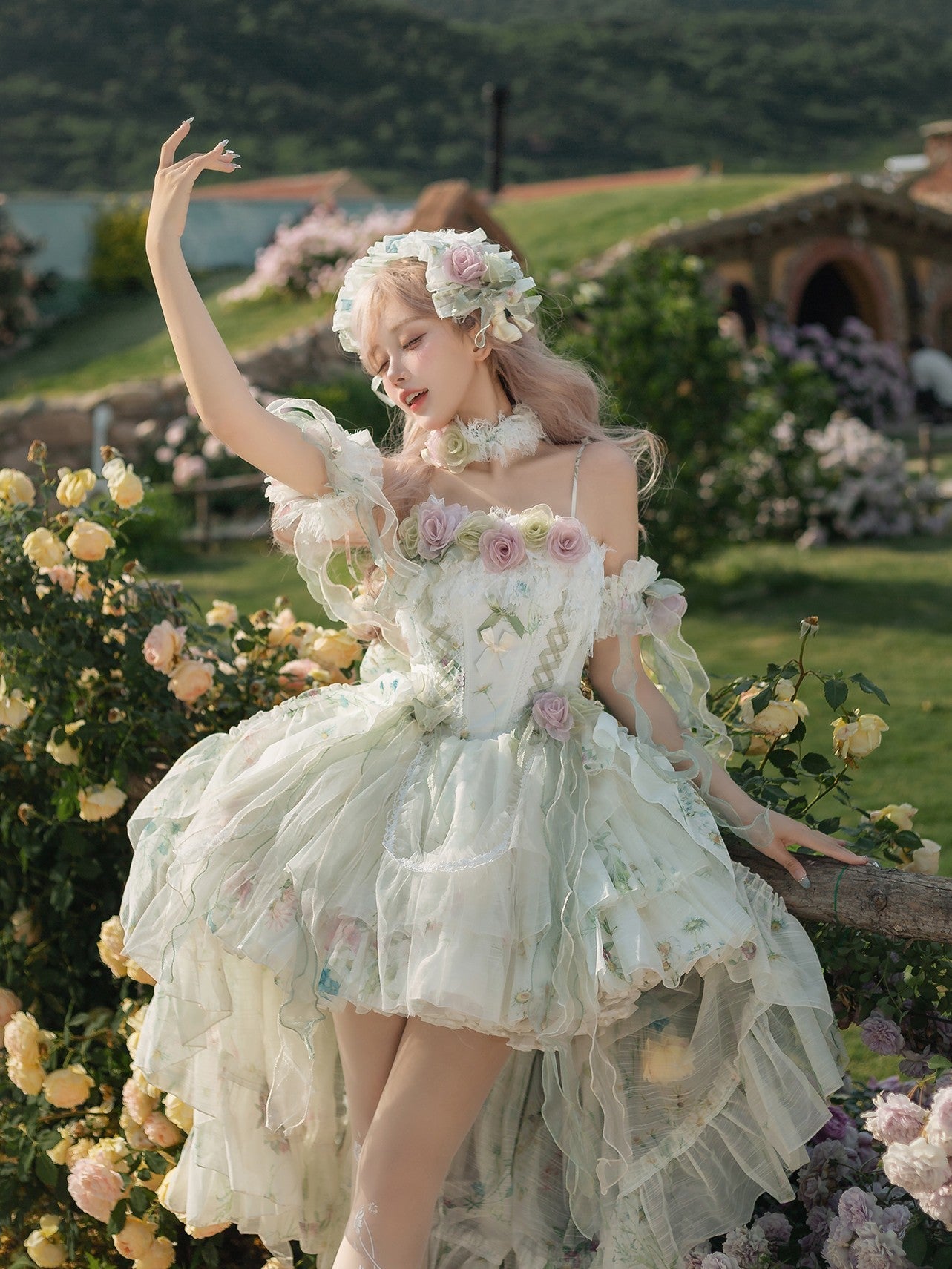 Elegant Rose Spring Lace Boned Dress - LolitaEraHeadband+Necklace+Sleeves+HanamaruSElegant Rose Spring Lace Boned Dress