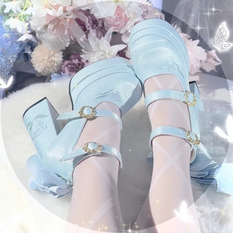 Genuine elegant small design Mary Jane shoes platform with butterfly heels, (Physicals)