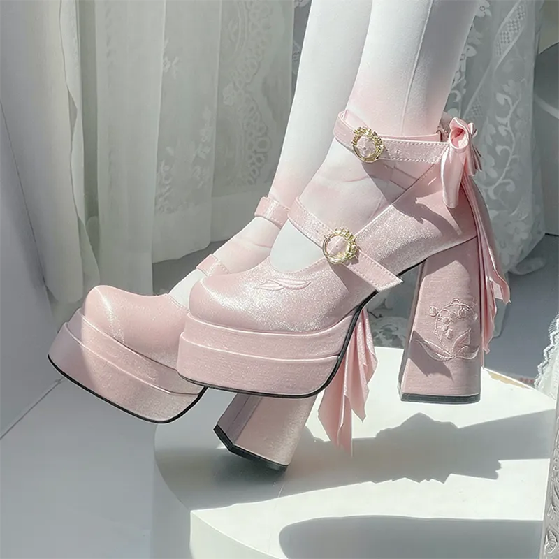 Genuine elegant small design Mary Jane shoes platform with butterfly heels, (Physicals)