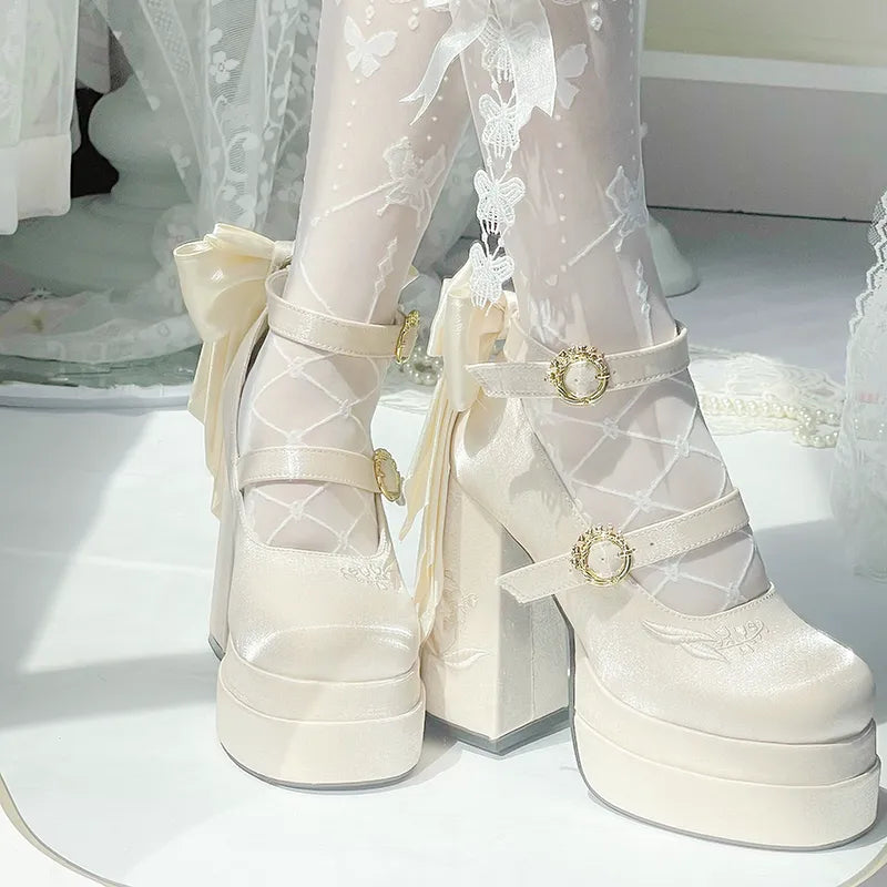 Genuine elegant small design Mary Jane shoes platform with butterfly heels, (Physicals)
