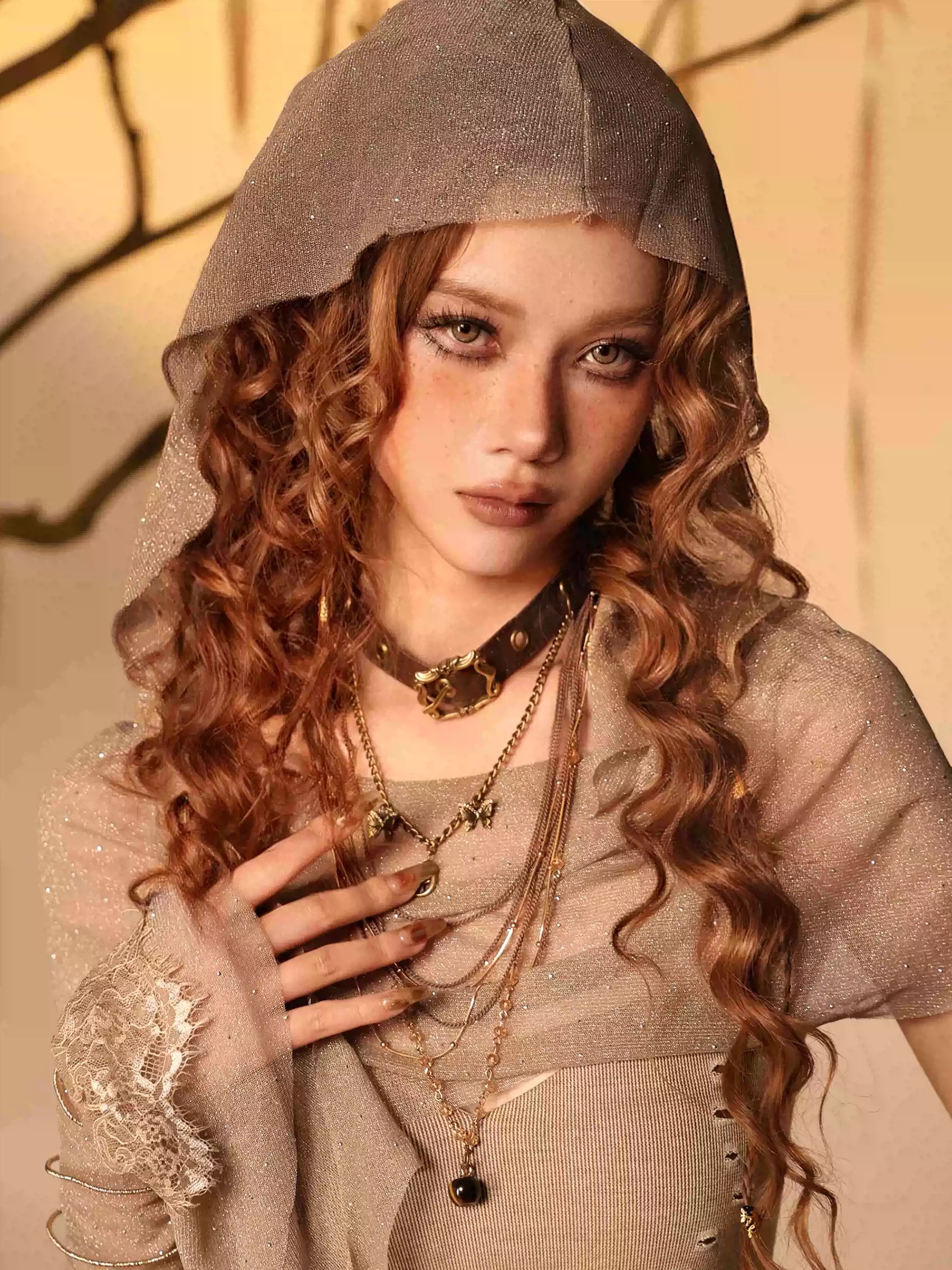 Ember Post-Apocalyptic Wasteland Multi-Layer Long Necklace + Punk Denim Bracelet