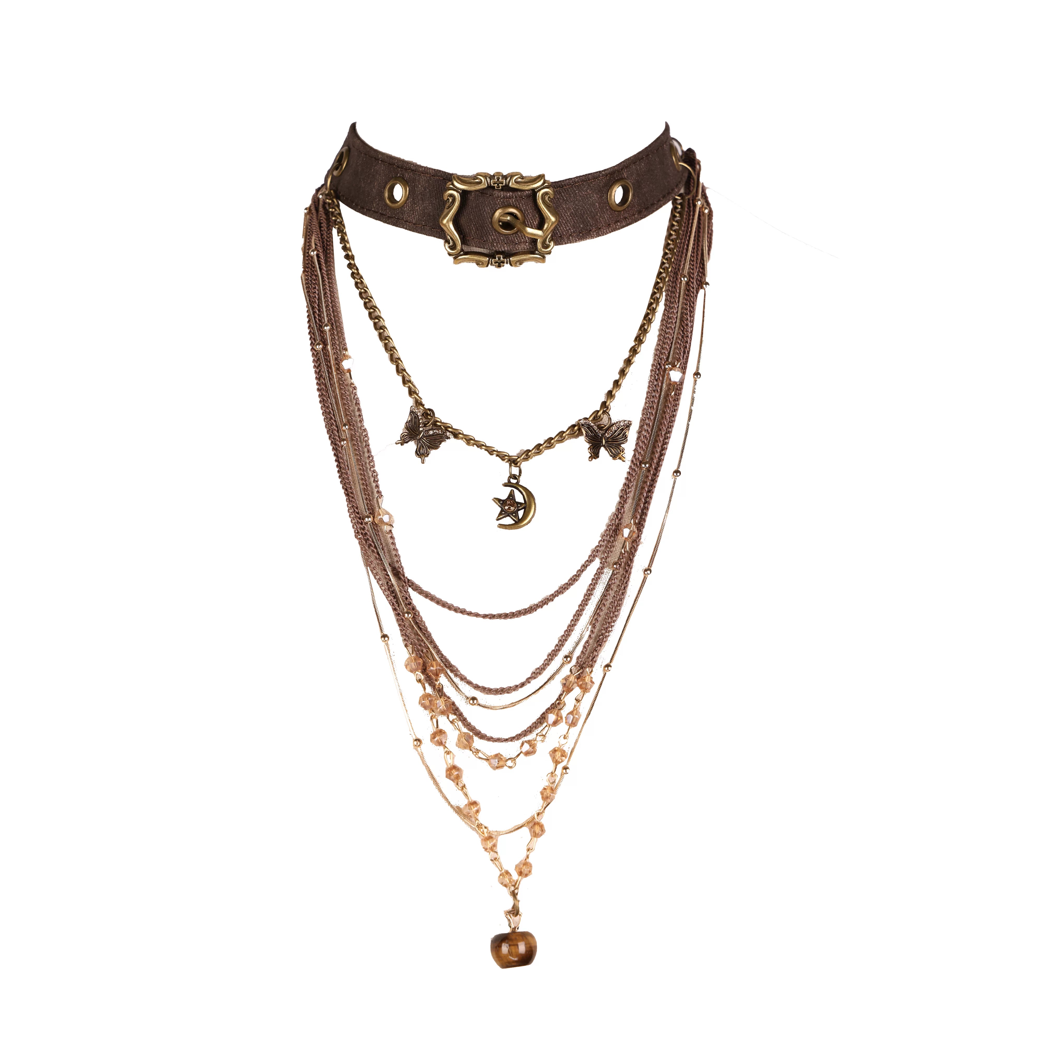Ember Post-Apocalyptic Wasteland Multi-Layer Long Necklace + Punk Denim Bracelet