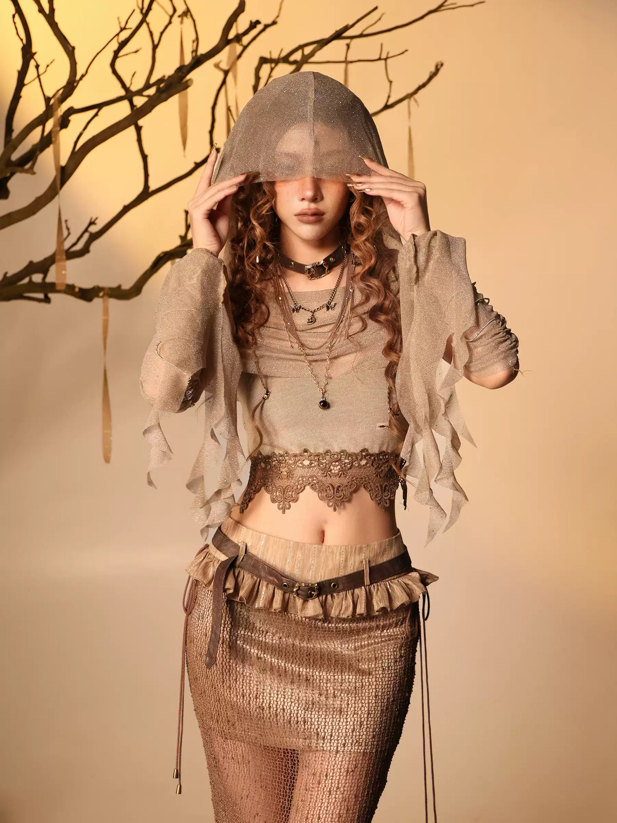 Ember Post-Apocalyptic Wasteland Style Shimmer Lace Cami Hood Shawl Sleeves 3-Piece Set