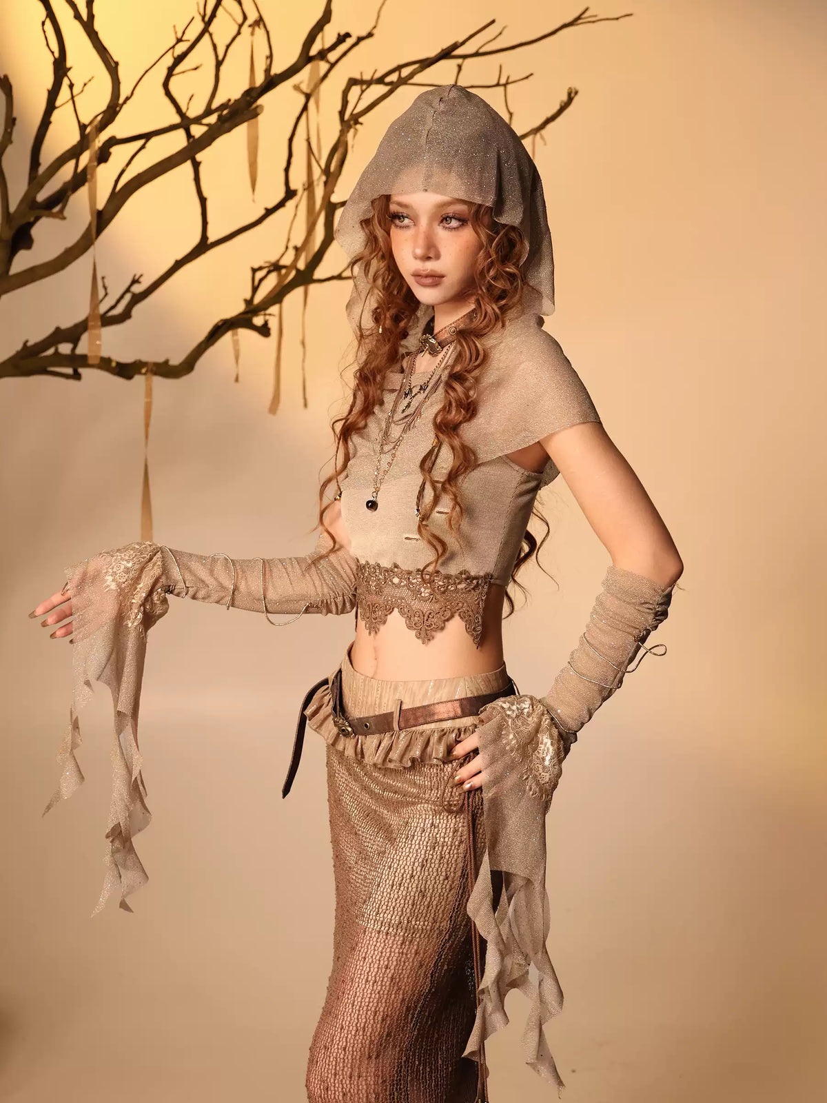 Ember Post-Apocalyptic Wasteland Style Shimmer Lace Cami Hood Shawl Sleeves 3-Piece Set