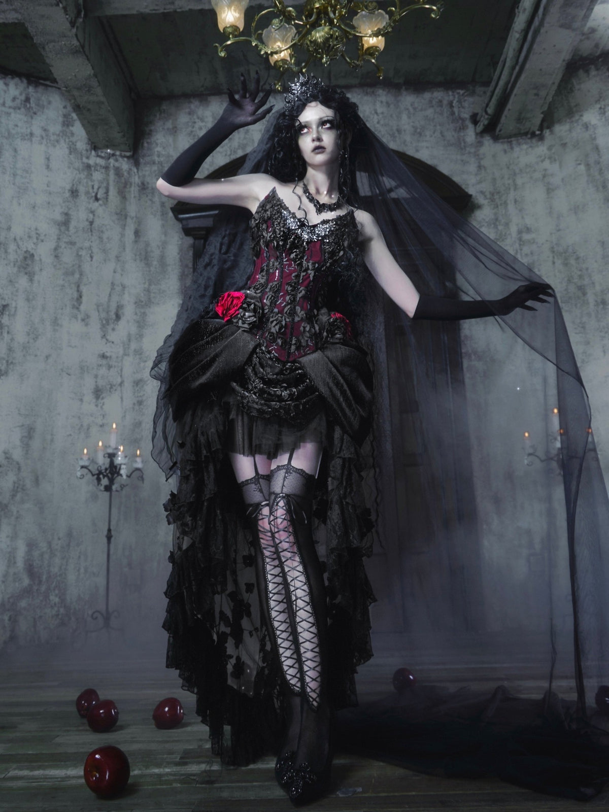 Emerald Night Gothic Halloween Pomegranate Red Boned Corset & Train Skirt Set - LolitaEra