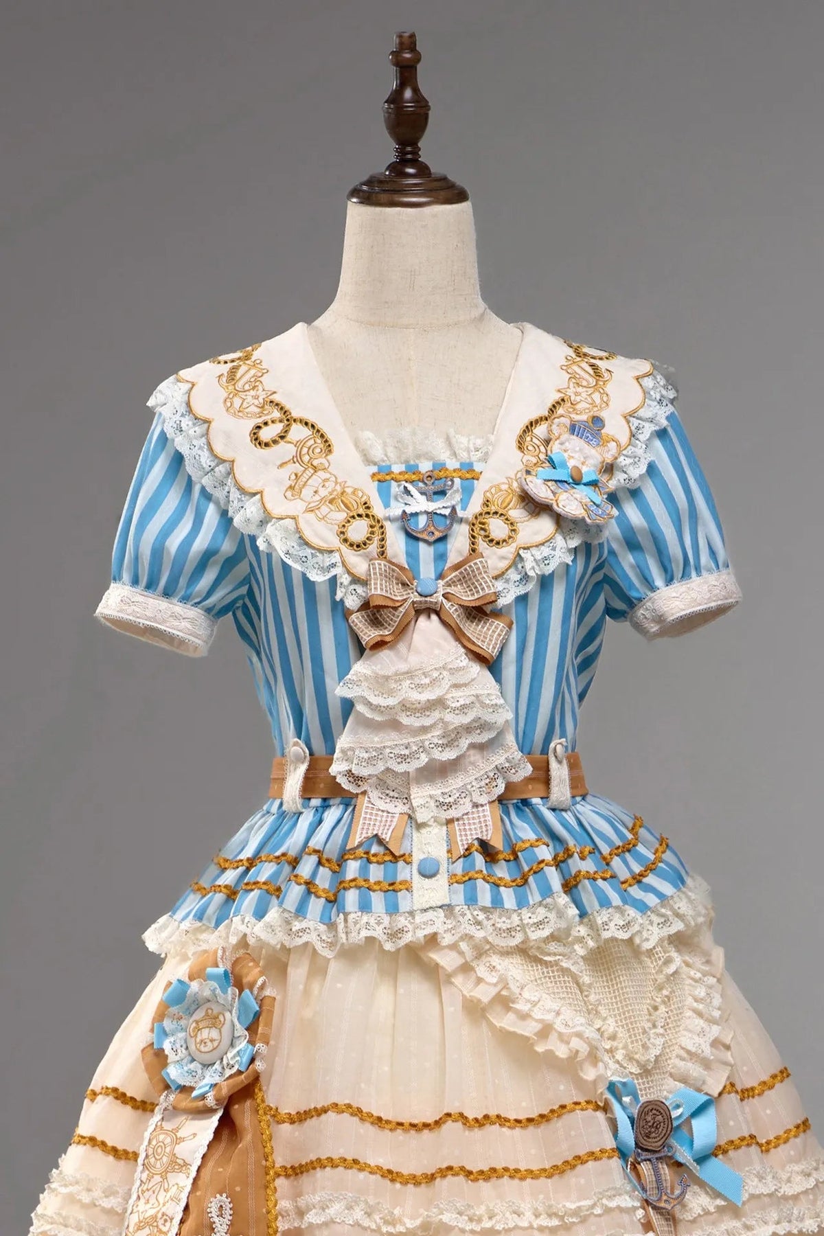 Antique Sailor Bear Blue Stripe Cropped Top Long Skirt Lolita Set