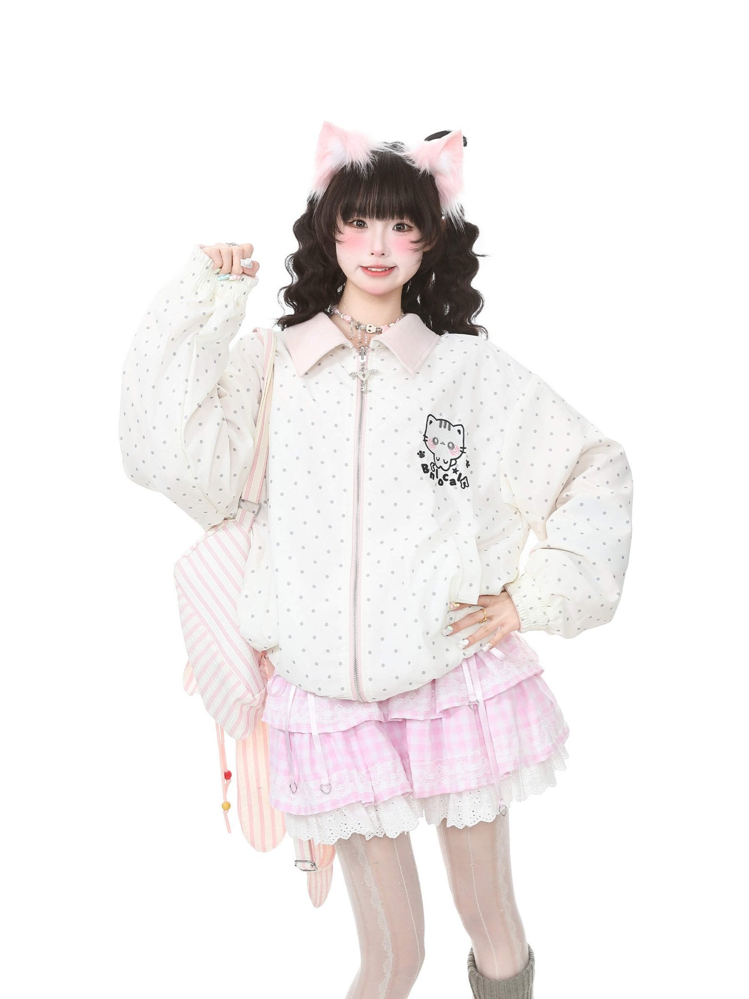 Faux Suede Reversible Cat Embroidery Polka Dot Coat - LolitaEraPinkFaux Suede Reversible Cat Embroidery Polka Dot Coat
