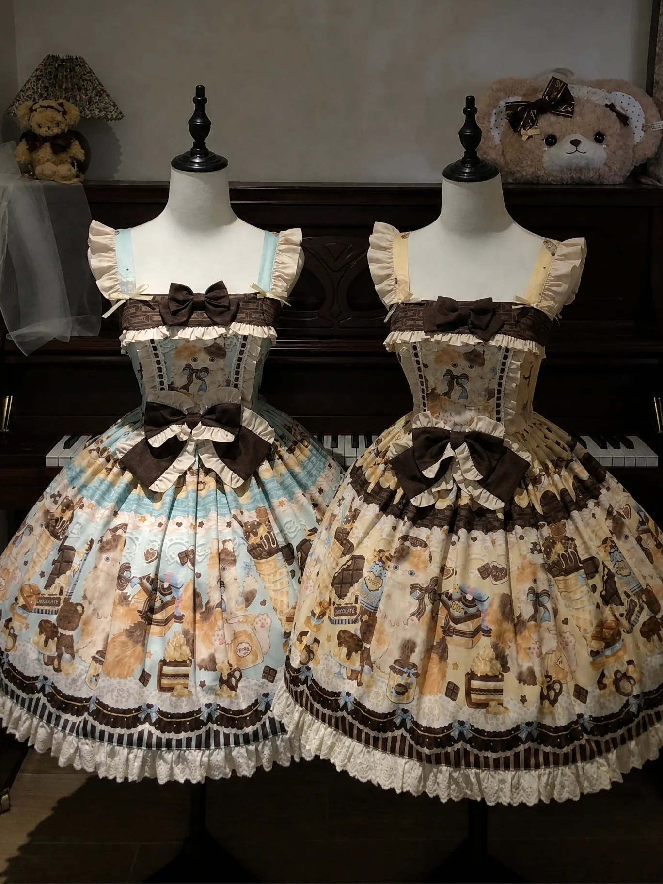 Chocolate Cake Party Mint Green Beige Honey Cat Print Sweet Lolita JSK Dress