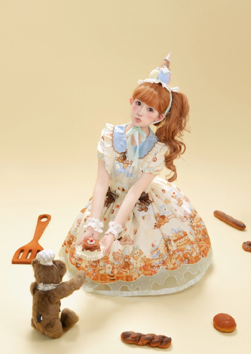 Cream Waffle Bear Lolita OP/JSK Dress