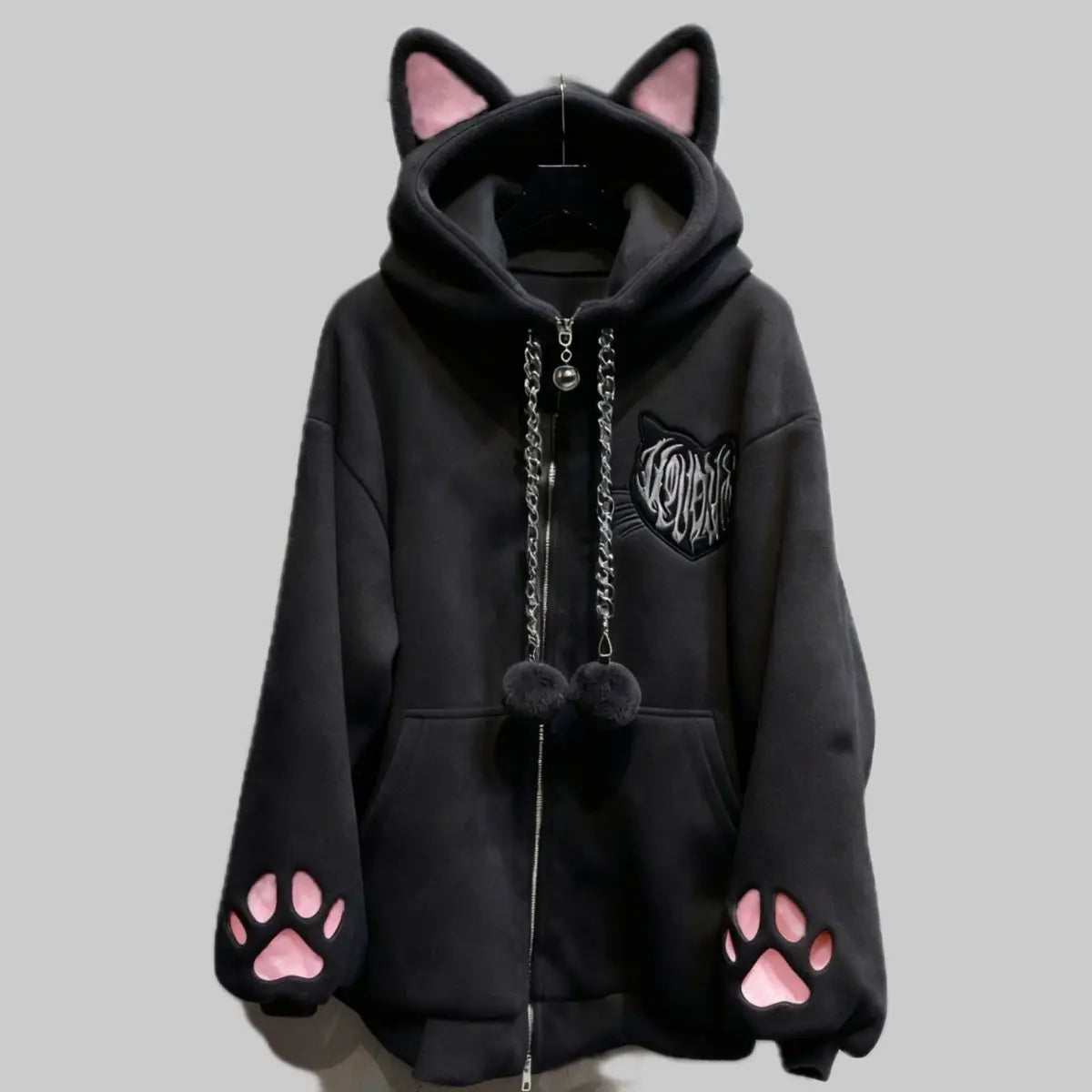 Fleece-Lined Autumn and Winter Subculture Anime Cute Cat Ear Hooded Cat Paw Long-Sleeve Jacket Cute Home Black Cat Punk Rock