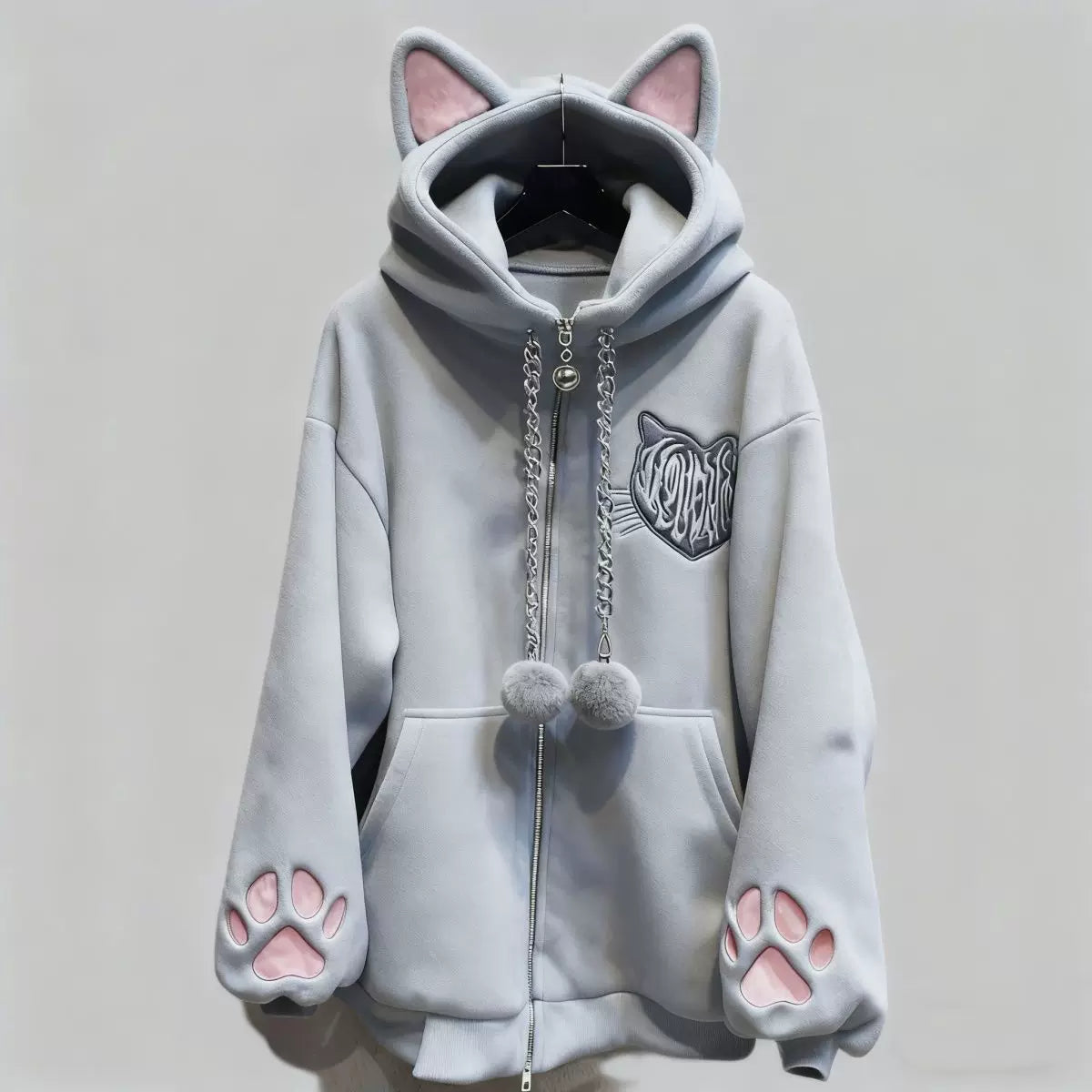Fleece-Lined Autumn and Winter Subculture Anime Cute Cat Ear Hooded Cat Paw Long-Sleeve Jacket Cute Home Black Cat Punk Rock