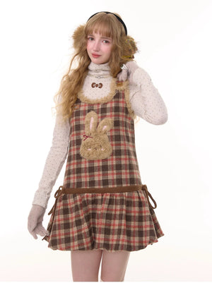Fluffy Rabbit Pouch Plaid Vest Pinafore Dress LE1154 - LolitaEraBrownSFluffy Rabbit Pouch Plaid Vest Pinafore Dress LE1154