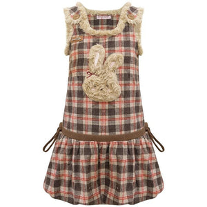 Fluffy Rabbit Pouch Plaid Vest Pinafore Dress LE1154 - LolitaEraBrownSFluffy Rabbit Pouch Plaid Vest Pinafore Dress LE1154