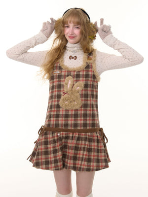 Fluffy Rabbit Pouch Plaid Vest Pinafore Dress LE1154 - LolitaEraBrownSFluffy Rabbit Pouch Plaid Vest Pinafore Dress LE1154