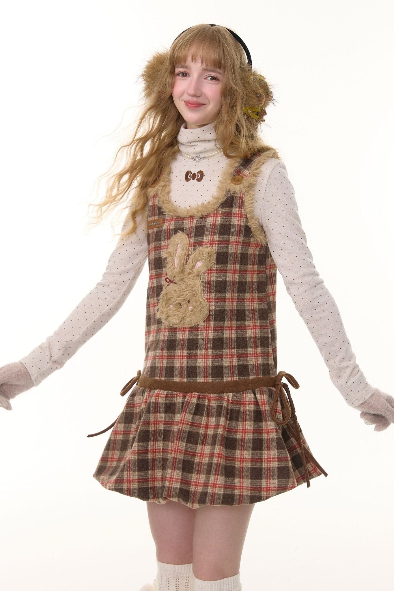 Fluffy Rabbit Pouch Plaid Vest Pinafore Dress LE1154 - LolitaEraBrownSFluffy Rabbit Pouch Plaid Vest Pinafore Dress LE1154