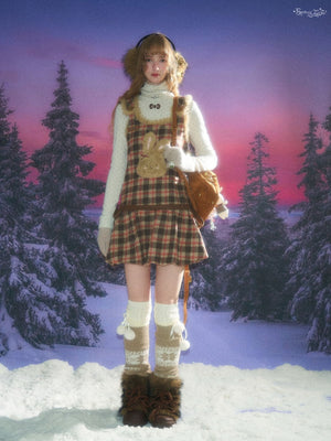 Fluffy Rabbit Pouch Plaid Vest Pinafore Dress LE1154 - LolitaEraBrownSFluffy Rabbit Pouch Plaid Vest Pinafore Dress LE1154