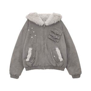 Foggy Grey Snow Rabbit Bomber Jacket - LolitaEraGraySFoggy Grey Snow Rabbit Bomber Jacket
