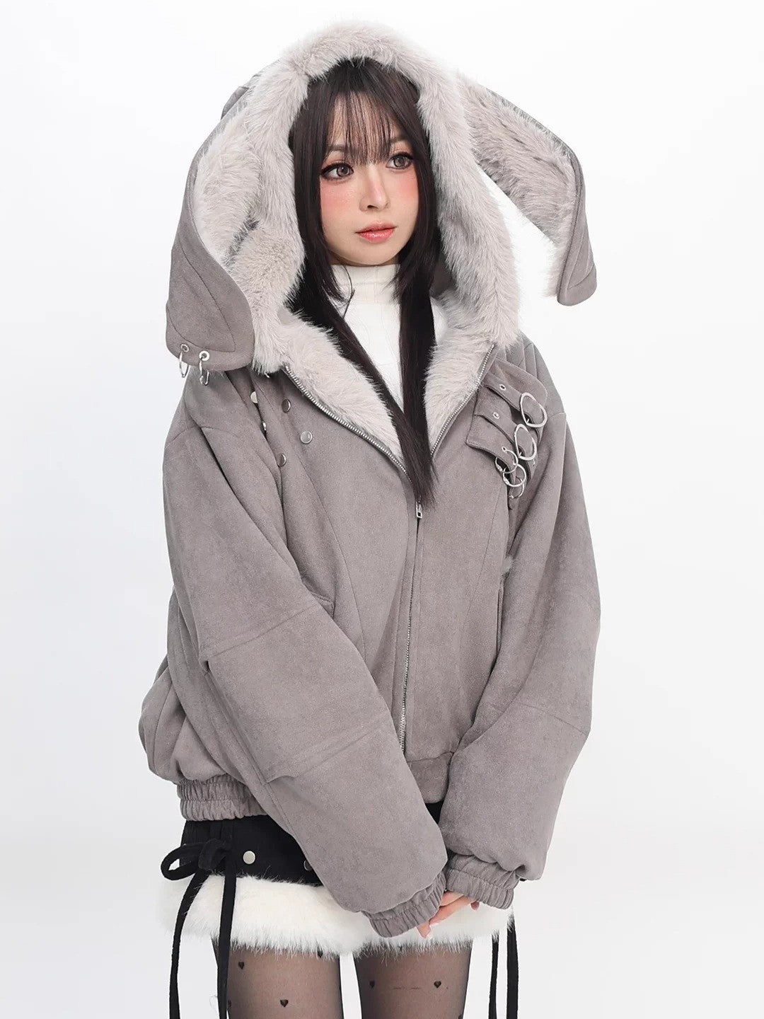 Foggy Grey Snow Rabbit Bomber Jacket - LolitaEraGraySFoggy Grey Snow Rabbit Bomber Jacket