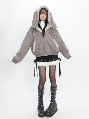 Foggy Grey Snow Rabbit Bomber Jacket - LolitaEraGraySFoggy Grey Snow Rabbit Bomber Jacket