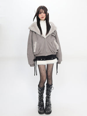 Foggy Grey Snow Rabbit Bomber Jacket - LolitaEraGraySFoggy Grey Snow Rabbit Bomber Jacket