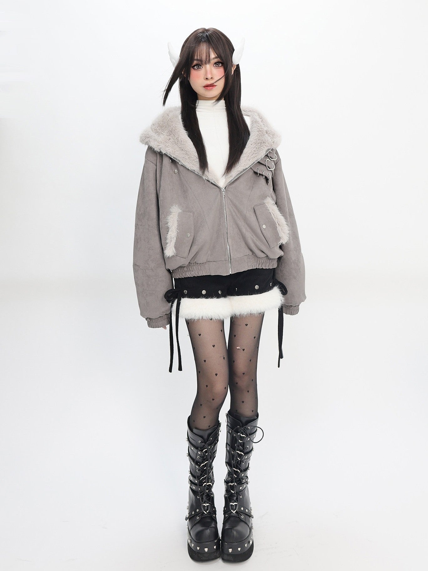 Foggy Grey Snow Rabbit Bomber Jacket - LolitaEraGraySFoggy Grey Snow Rabbit Bomber Jacket