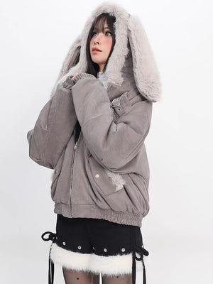Foggy Grey Snow Rabbit Bomber Jacket - LolitaEraGraySFoggy Grey Snow Rabbit Bomber Jacket