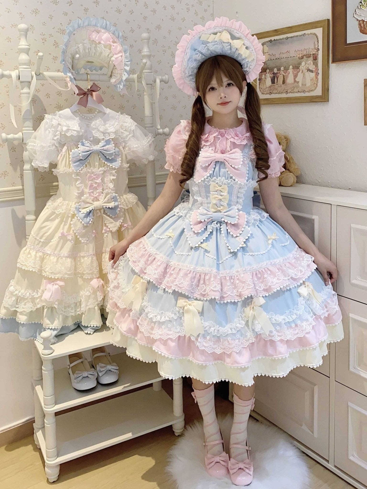 Fondant Cake Lolita Pink & Blue JSK Dress 1313 - LolitaEraBlue JSKSFondant Cake Lolita Pink & Blue JSK Dress 1313
