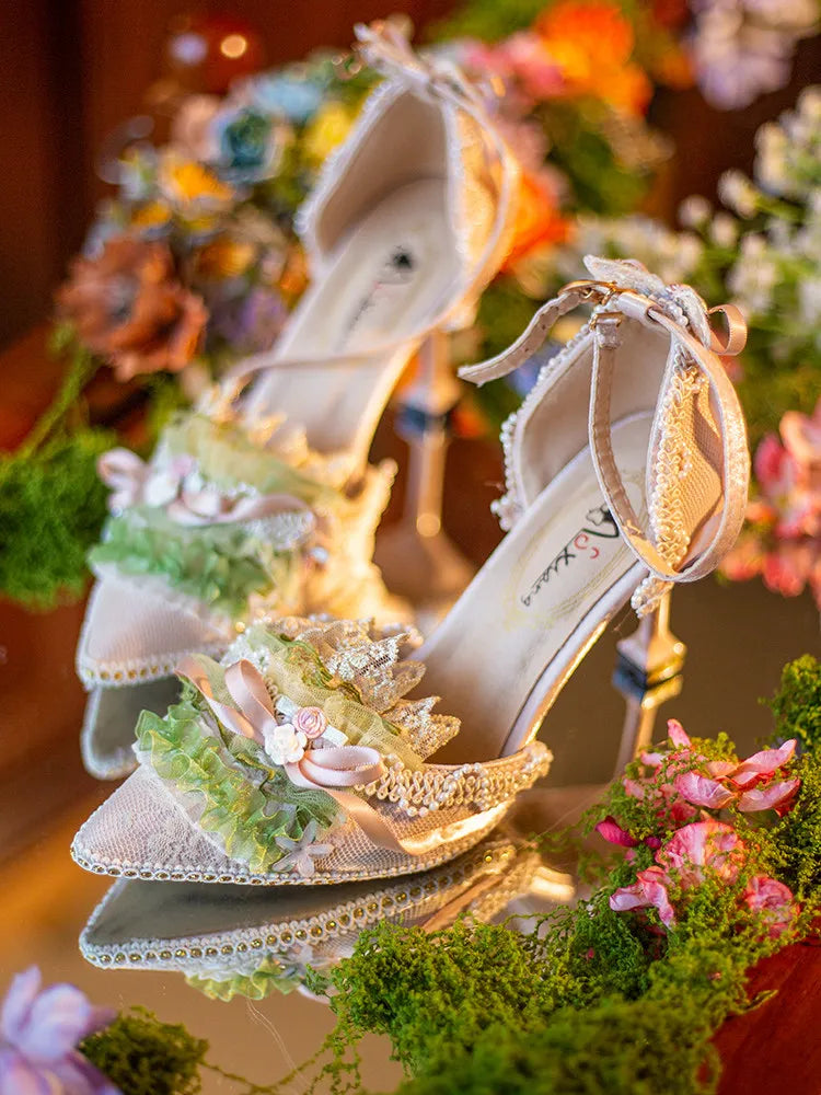 Freesia and Nightingale Hexagram Lolita Handmade Oil Painting Style CLA Elegant Daily High-heeled Lolita Shoes