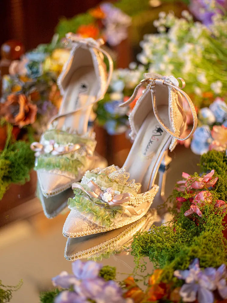 Freesia and Nightingale Hexagram Lolita Handmade Oil Painting Style CLA Elegant Daily High-heeled Lolita Shoes