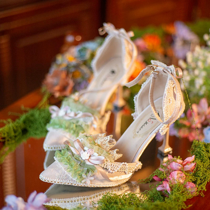 Freesia and Nightingale Hexagram Lolita Handmade Oil Painting Style CLA Elegant Daily High-heeled Lolita Shoes