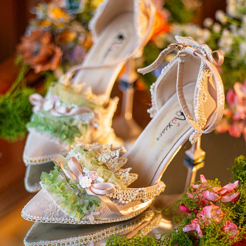 Freesia and Nightingale Hexagram Lolita Handmade Oil Painting Style CLA Elegant Daily High-heeled Lolita Shoes