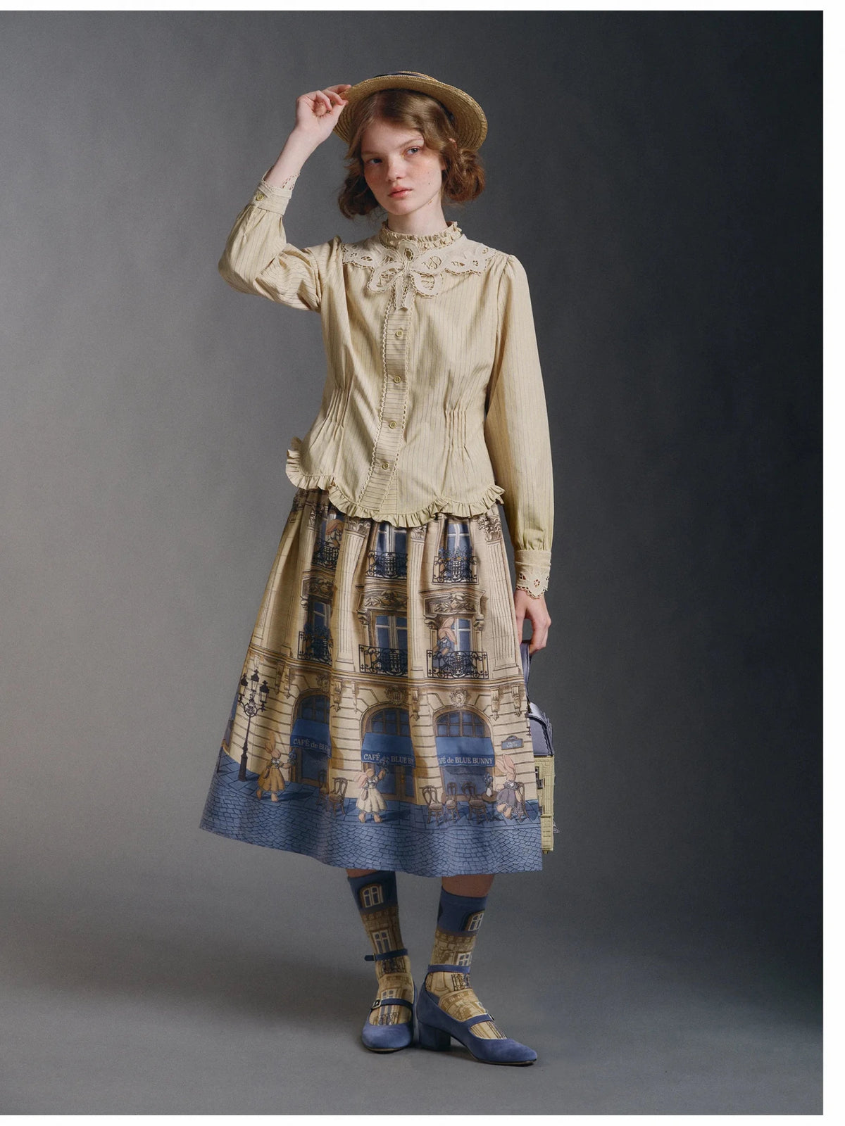 French Antique Stripe Lace Embroidery Sailor Collar Fitted Blouse - LolitaEra