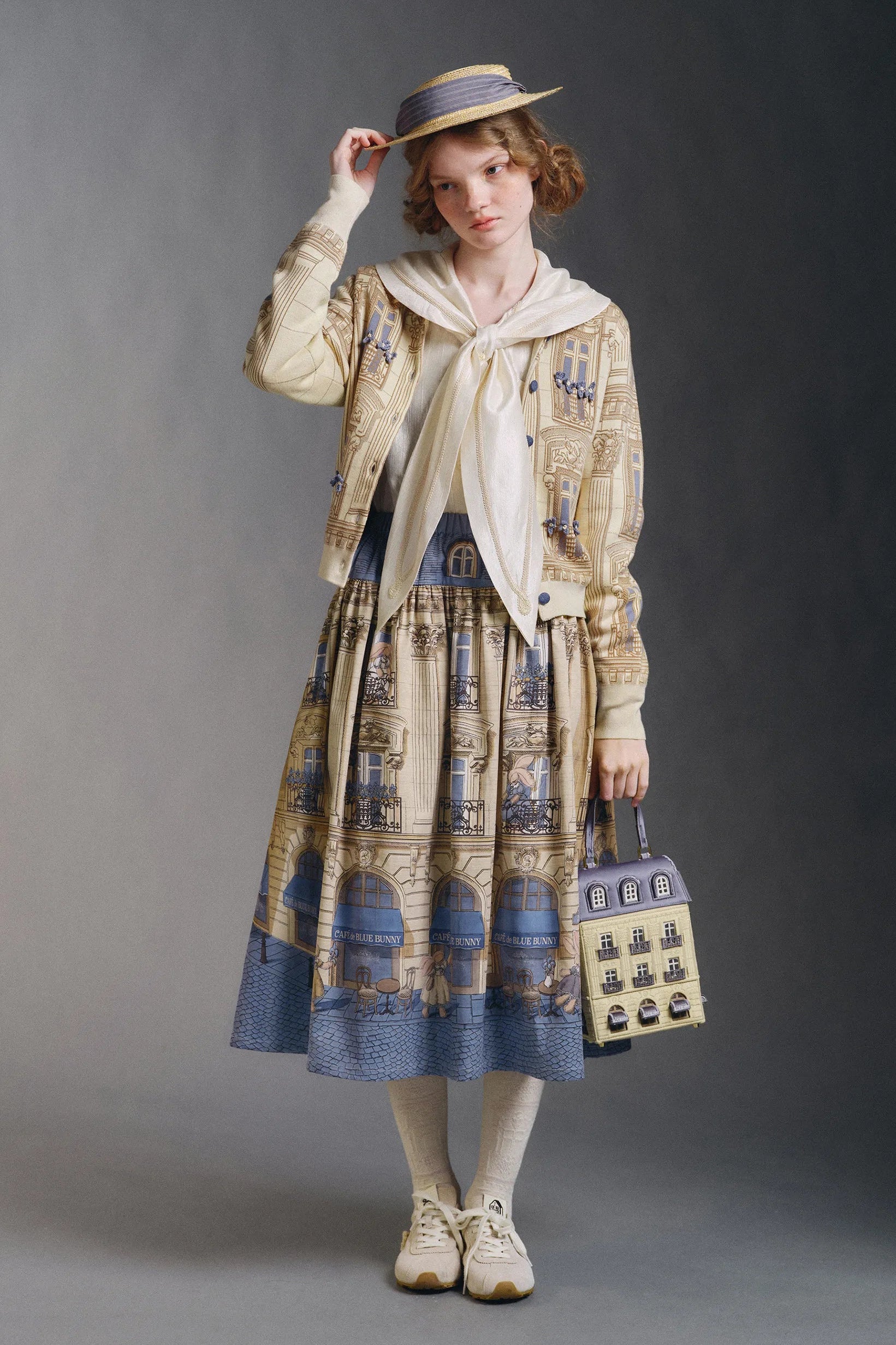 Phantom Shop Open Original Design Rabbit French Cafe Vintage Architecture Yellow and Blue Skirt