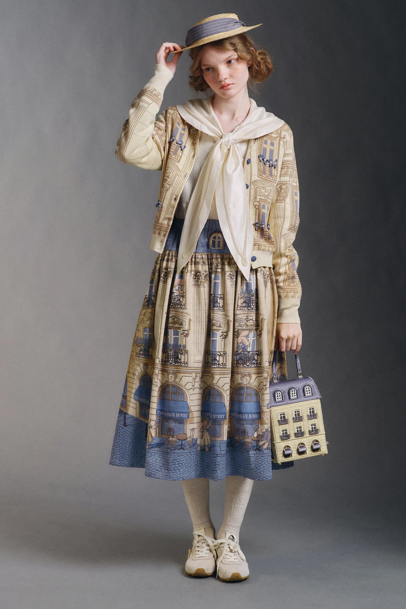 Huandian Original Design French Vintage Street Architecture Knitted Crochet Sailor Collar Cardigan