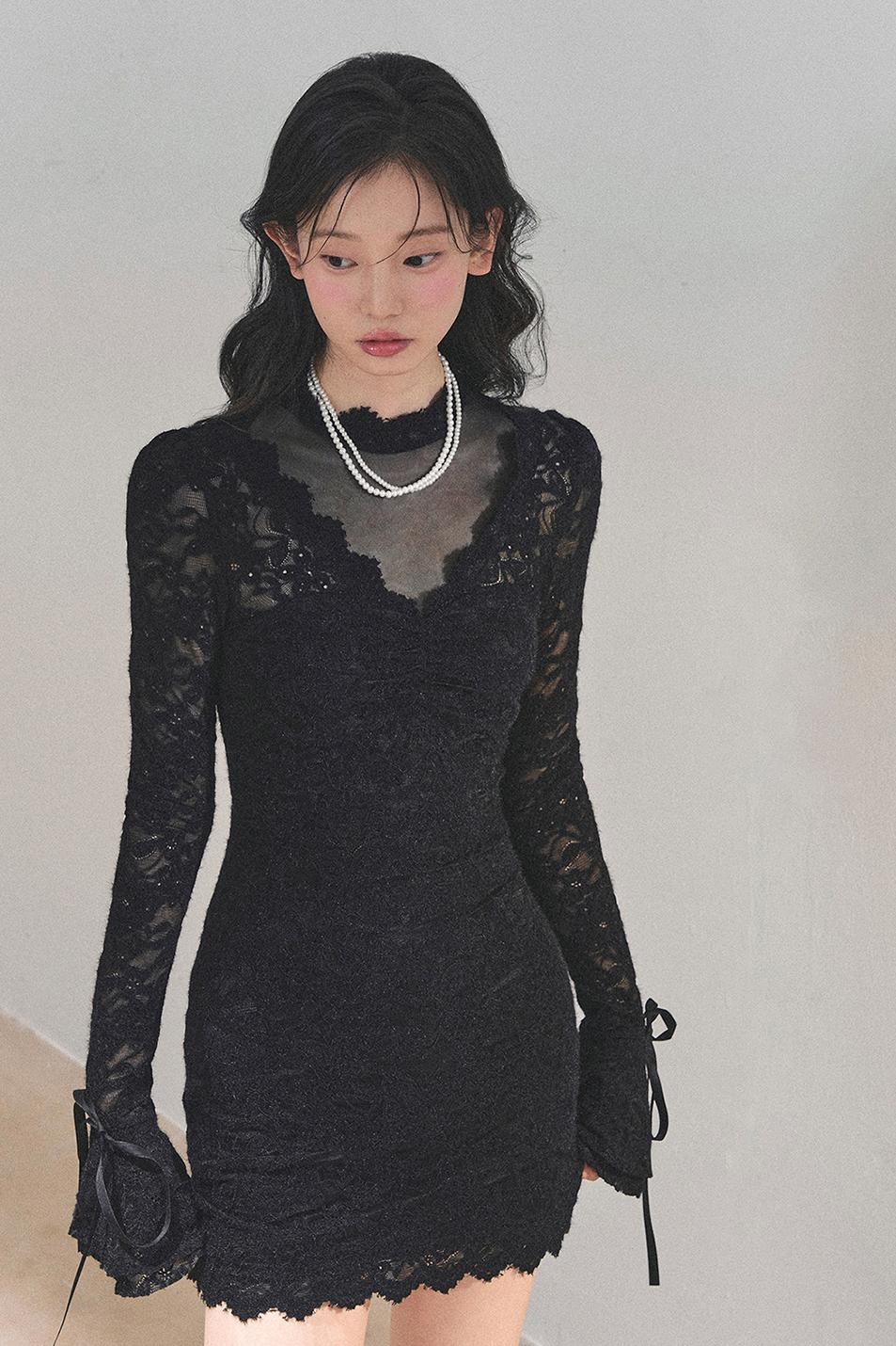 French Sexy Lace Mesh Long Sleeve Winter Mini Dress LE1165 - LolitaEraBlackXSFrench Sexy Lace Mesh Long Sleeve Winter Mini Dress LE1165